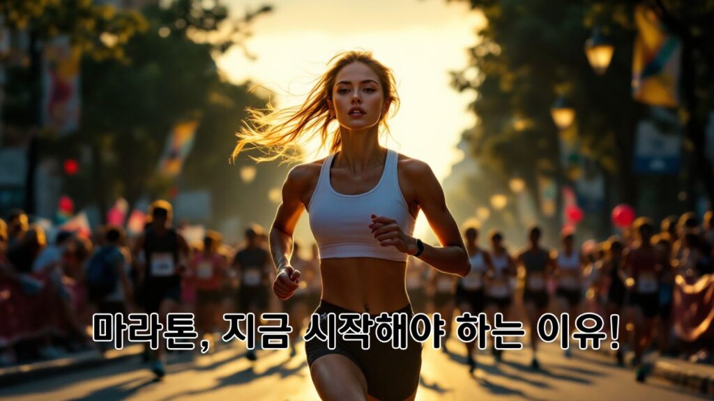 마라톤을 뛰는 러너들의 역동적인 모습. 해가 떠오르는 도시를 배경으로 한 강렬한 스타트 장면. 러너들은 목표를 향해 힘차게 질주하며, 마라톤이 주는 도전과 성취감을 표현한다.