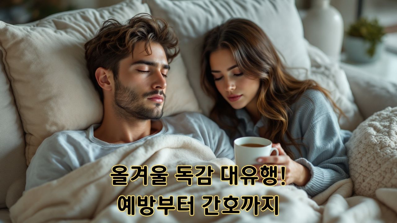 독감으로 열이 난 남편을 간호하는 아름다운 아내의 모습. 남편은 따뜻한 담요를 덮고 소파에 누워 있으며, 아내는 이마에 찜질을 해주고 허브티를 건네며 세심한 보살핌을 하고 있다. 창문 너머로 보이는 LA 해변가의 아름다운 풍경이 고급스러운 분위기를 더하며, 겨울철 독감 환자를 위한 가정 간호의 중요성을 강조하는 장면. 사랑하는 사람을 위한 독감 간호법, 겨울철 건강 관리, 가족의 돌봄을 표현하는 이미지.